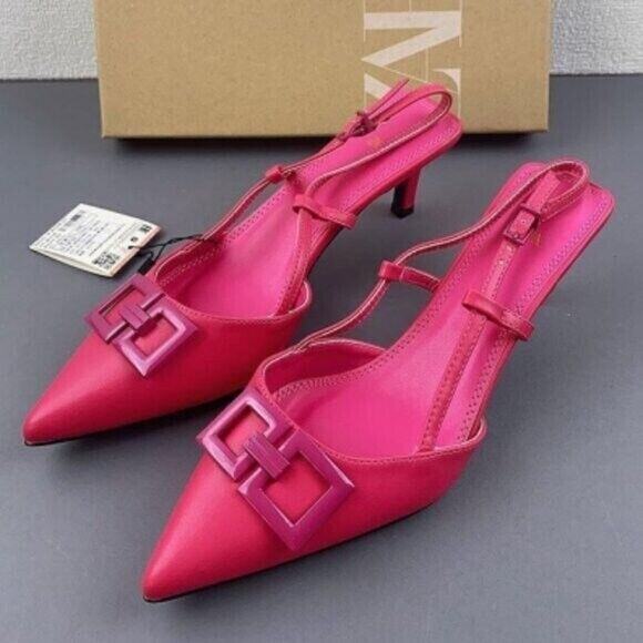 ZARA Leather Heels with Front Buckle NWT | Fuchsia Slingback Size 7.5 - Picture 14 of 16